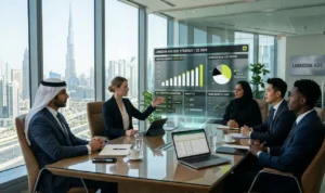 LinkedIn Ads B2B UAE strategy showing corporate executives analyzing digital marketing dashboard for business growth and targeting