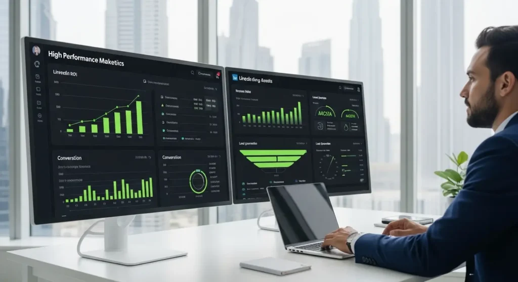 Improve LinkedIn Ads B2B UAE ROI with performance dashboard showing lead generation, conversion growth, and campaign analytics