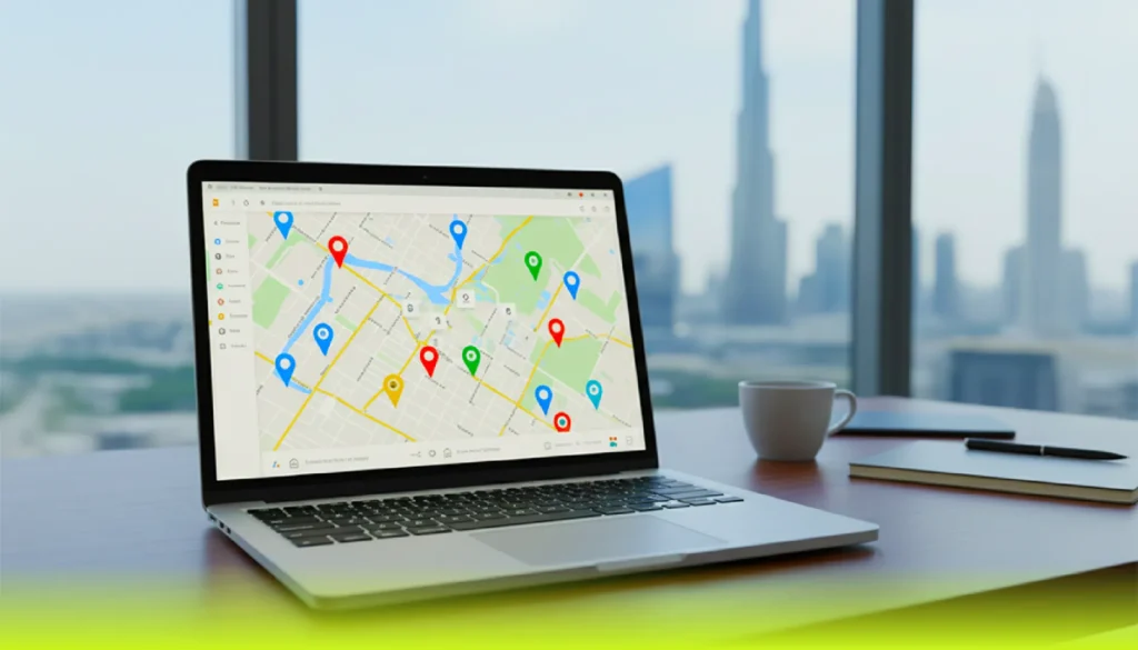 Laptop displaying Google Maps with multiple location pins, representing local SEO and Google Maps ranking services in Dubai