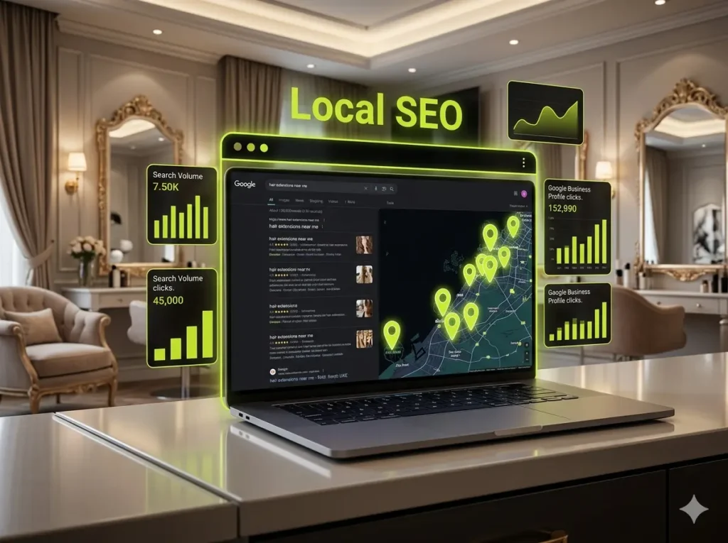 Local SEO strategy for hair extension studios in UAE showing Google Maps rankings and location targeting