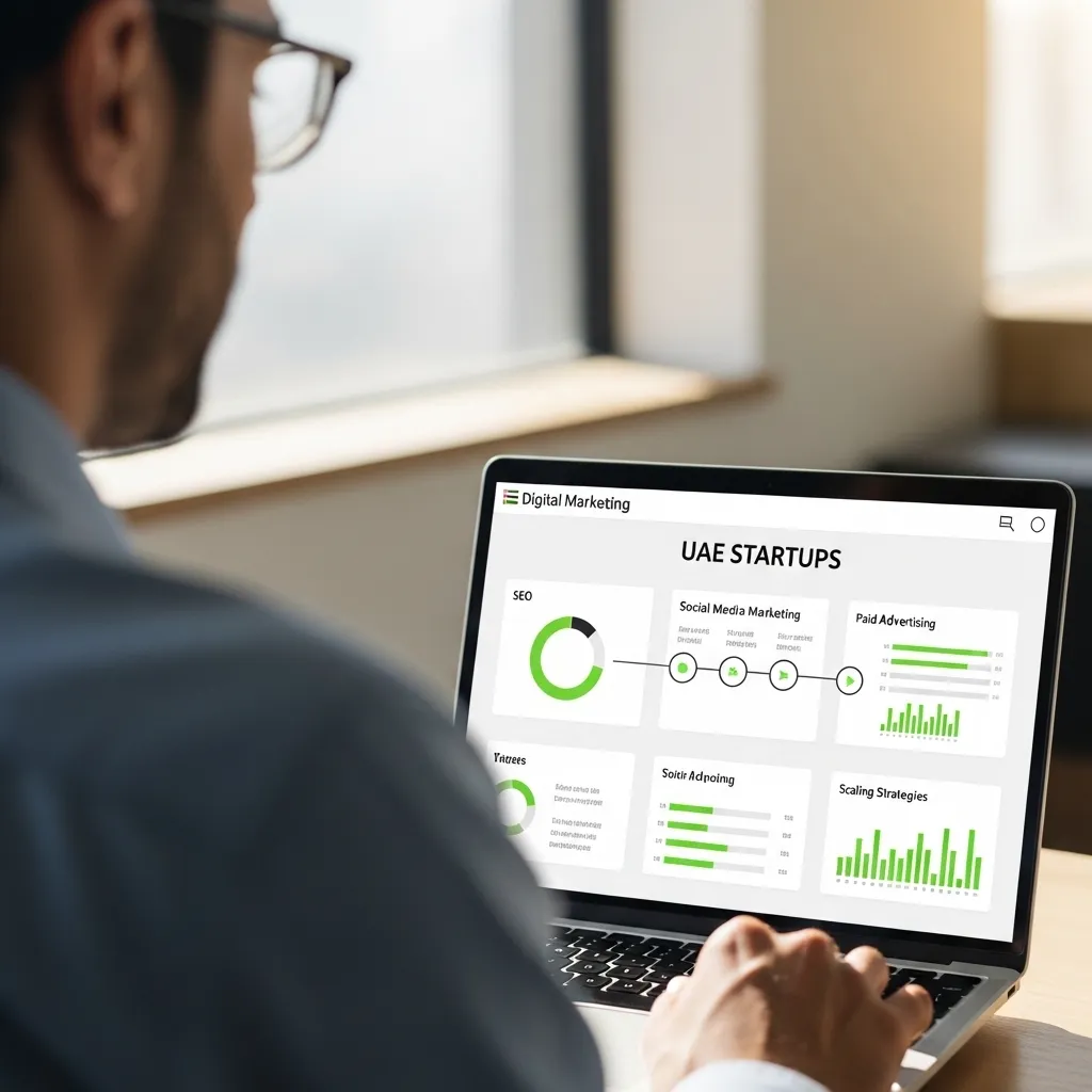 A professional viewing a marketing roadmap for UAE startups on a laptop screen, showing digital marketing elements like SEO, social media marketing, paid advertising, and scaling strategies.