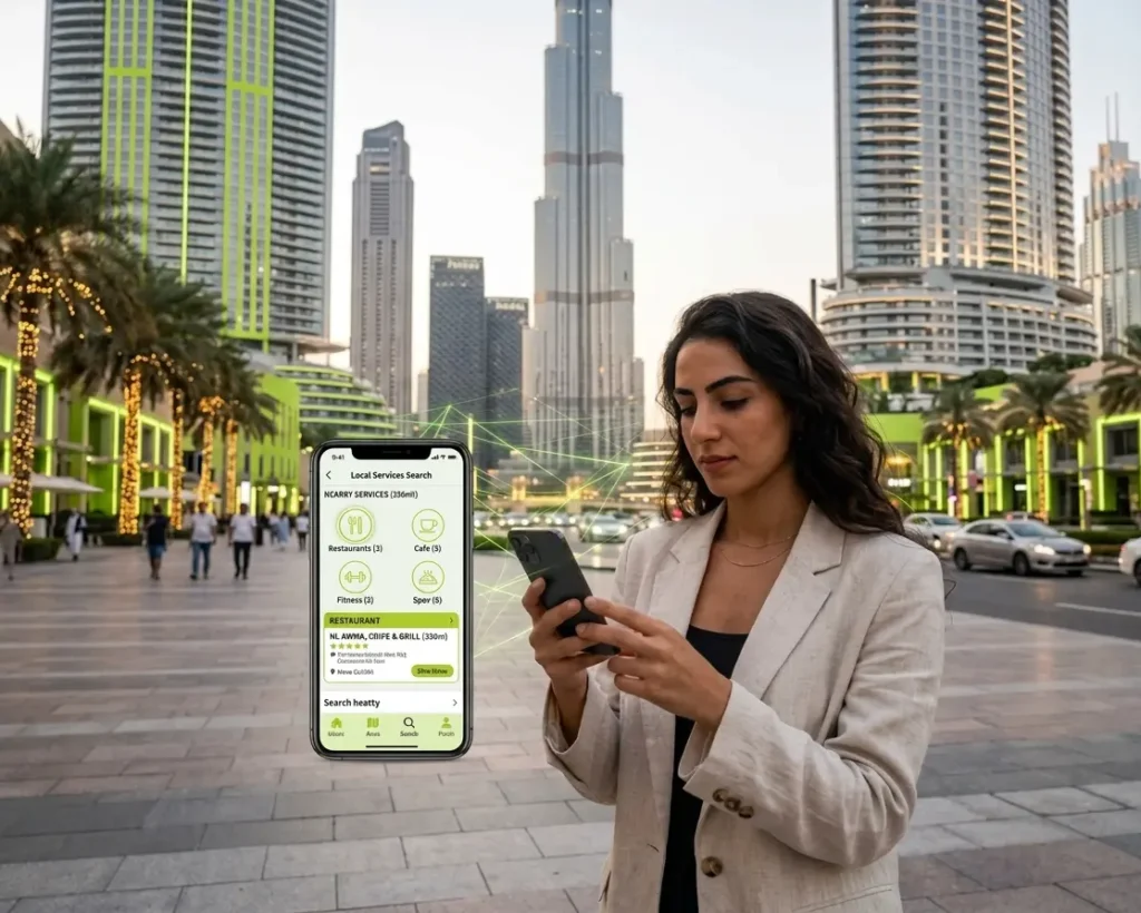 Person searching for nearby services on a smartphone in Downtown Dubai