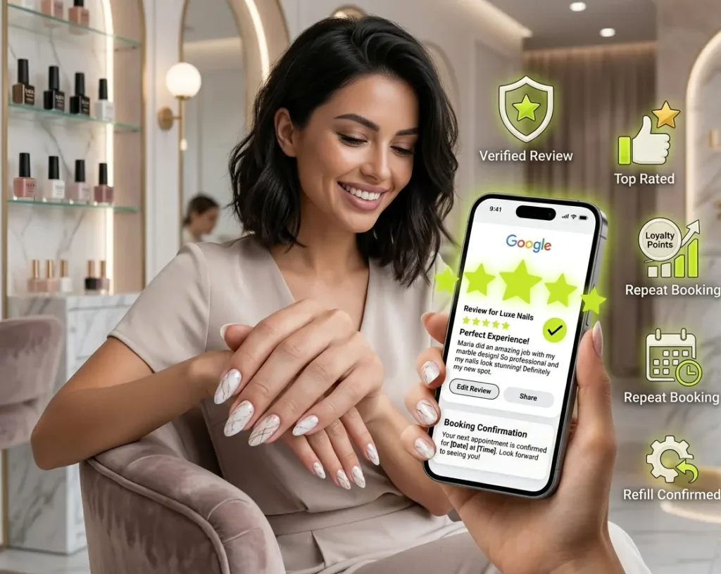customer reviews and booking conversion for UAE nail salon showing 5 star rating and satisfied client for SEO for Nail Studios in UAE 