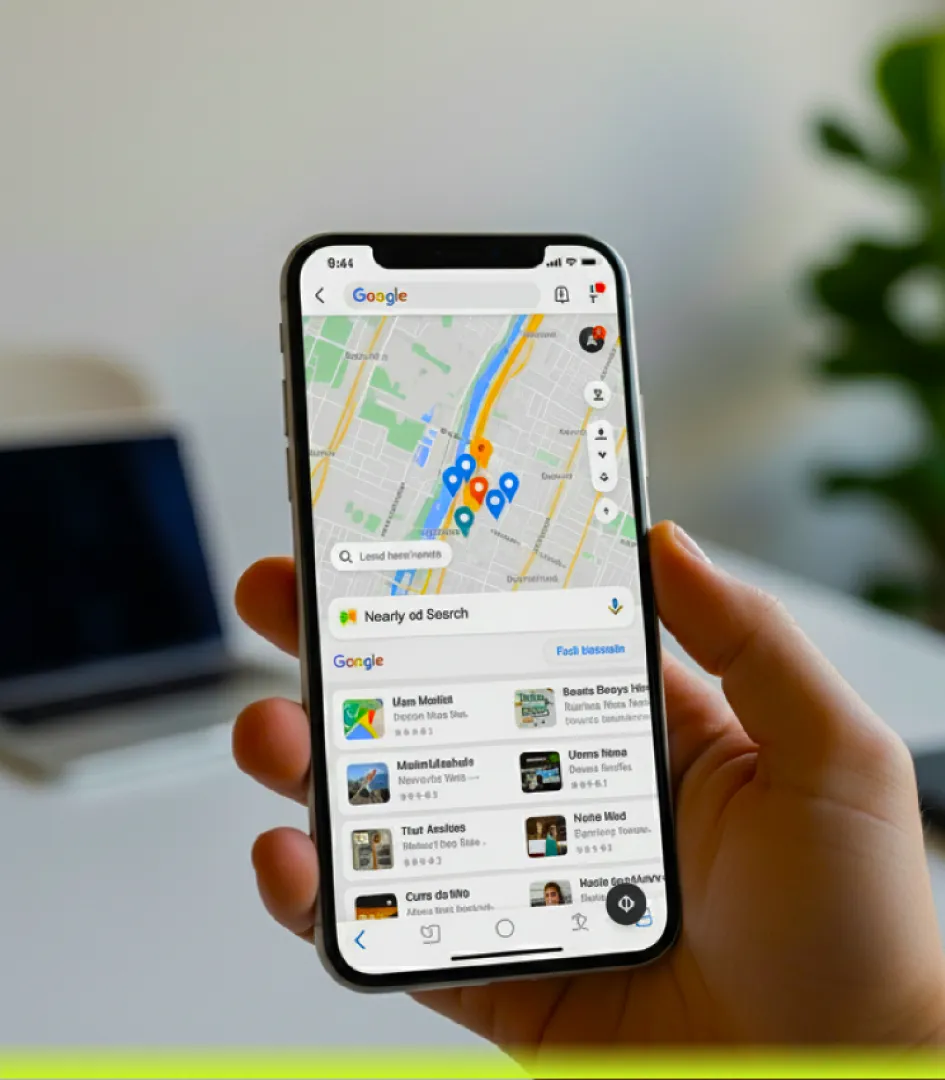 Person holding smartphone showing Google Maps "Nearby" search results, illustrating local near-me searches in Dubai