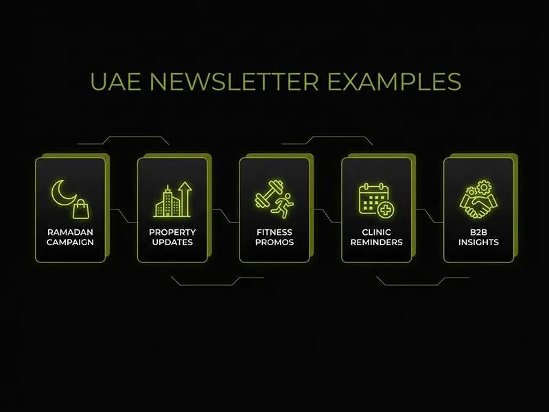 Infographic of a newsletter strategy for the UAE, showing examples like Ramadan campaigns and B2B insights.