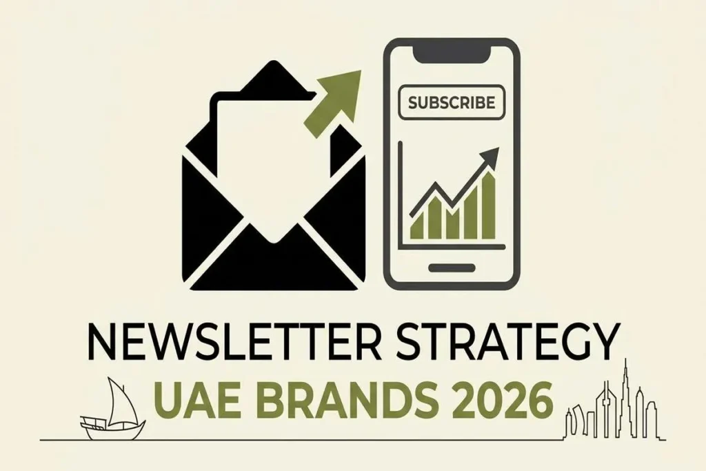 An infographic showcasing a newsletter strategy for UAE brands in 2026, featuring a subscription icon and growth chart.