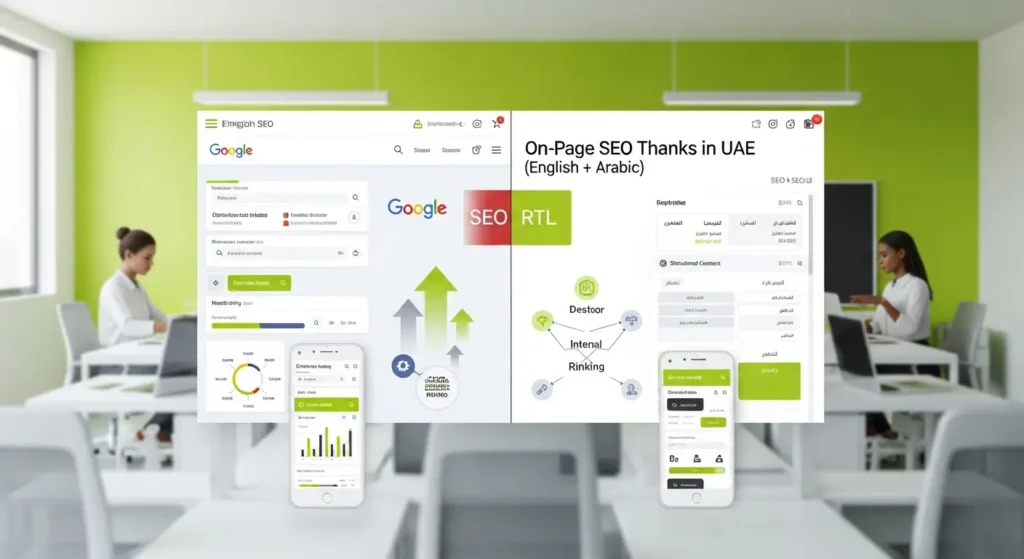 On-Page SEO Checklist for UAE Websites showing bilingual English and Arabic SEO optimization, Google search results, schema markup, and ranking structure comparison
