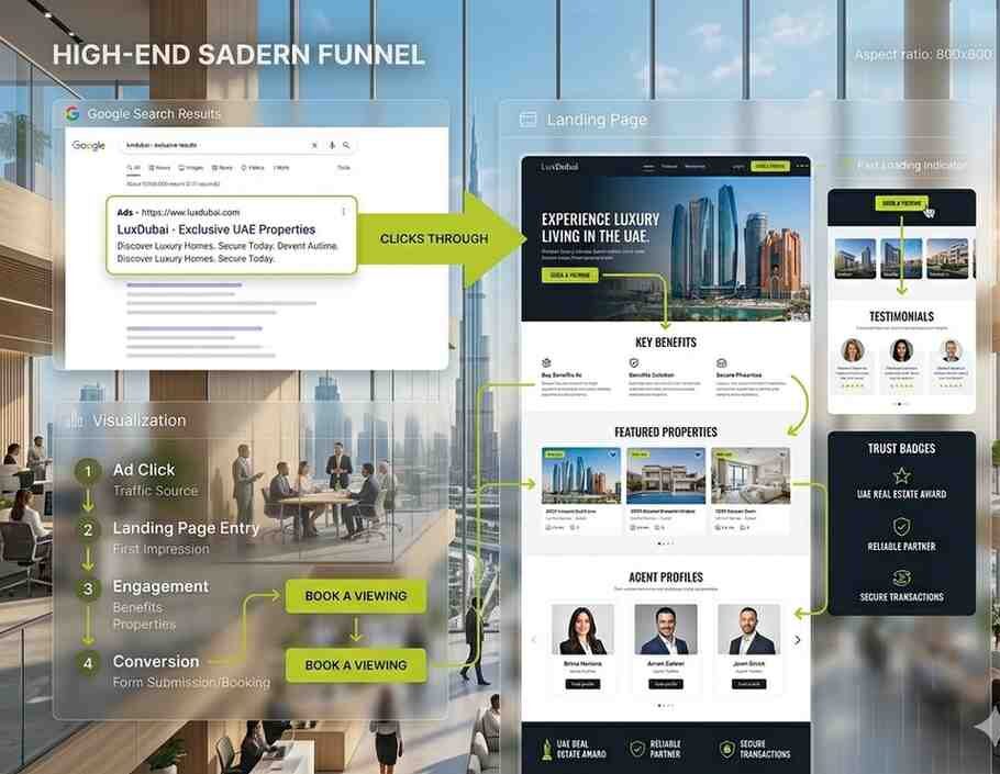 Paid ads landing page optimization funnel showing user journey from ad click to conversion in UAE marketing campaigns