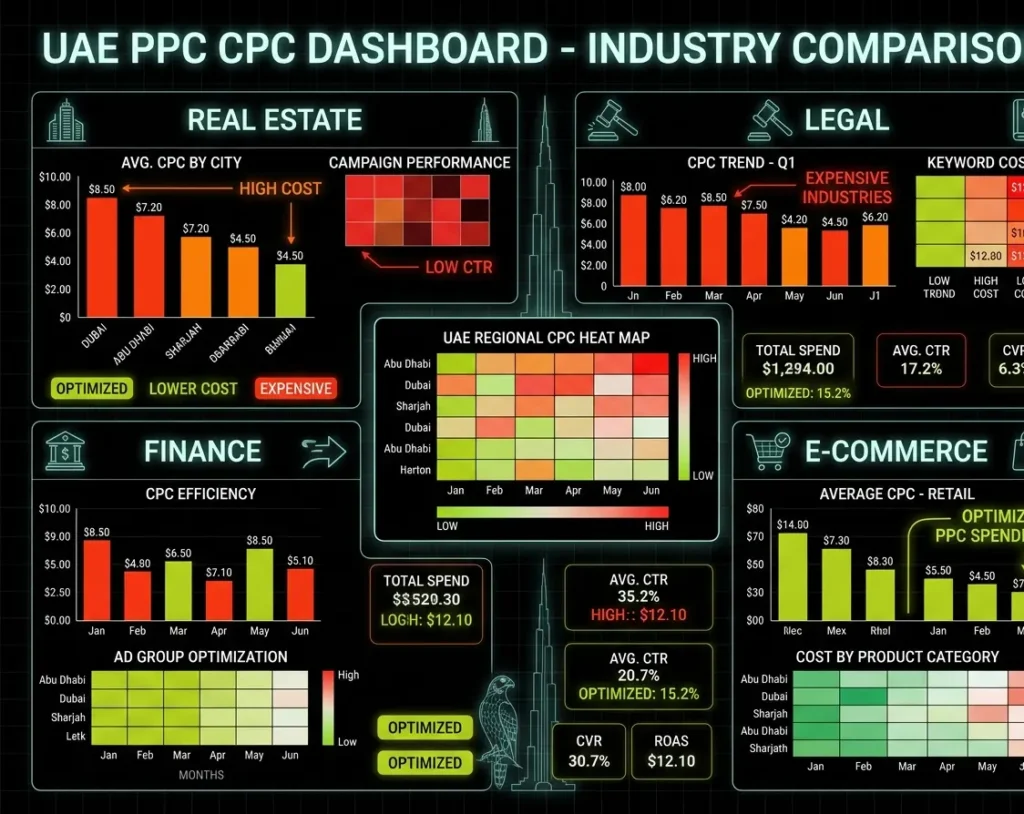PPC cost per click comparison across UAE industries including real estate finance and e-commerce