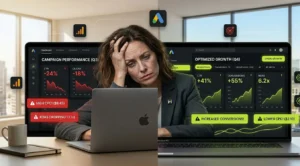 PPC mistakes in UAE causing budget waste shown through poor vs optimized campaign performance dashboards