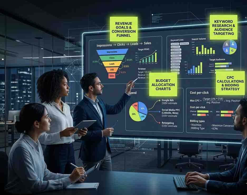 PPC Budget Planning for UAE Companies digital marketing strategy workflow with conversion funnel and revenue goals