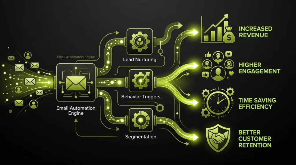 A technical infographic showing the pros of email automation, illustrating an "Email Automation Engine" that branches into lead nurturing, behavior triggers, and segmentation to drive increased revenue, higher engagement, time-saving efficiency, and better customer retention.
