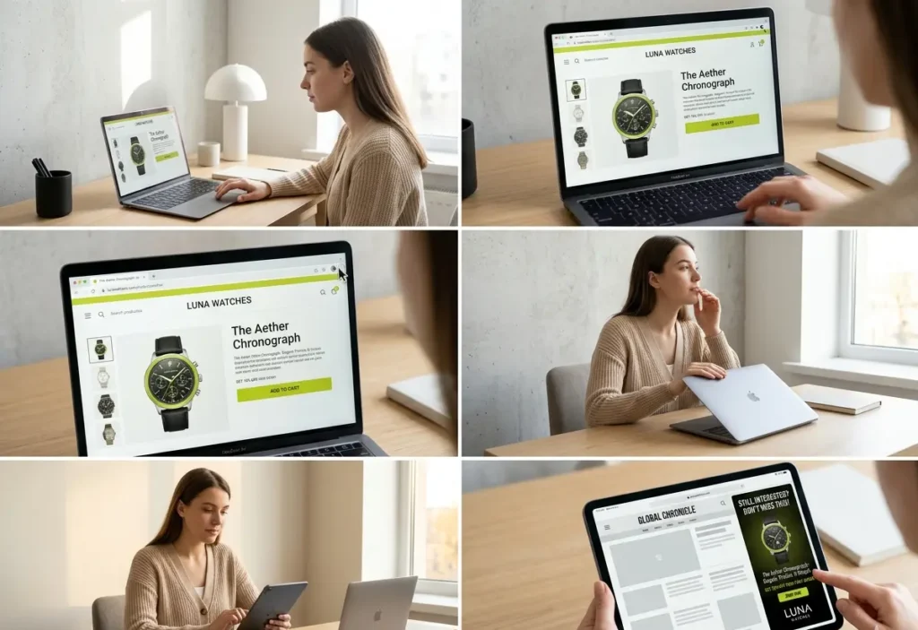 Retargeting strategies for UAE market showing website visitor returning through personalized ads after browsing products