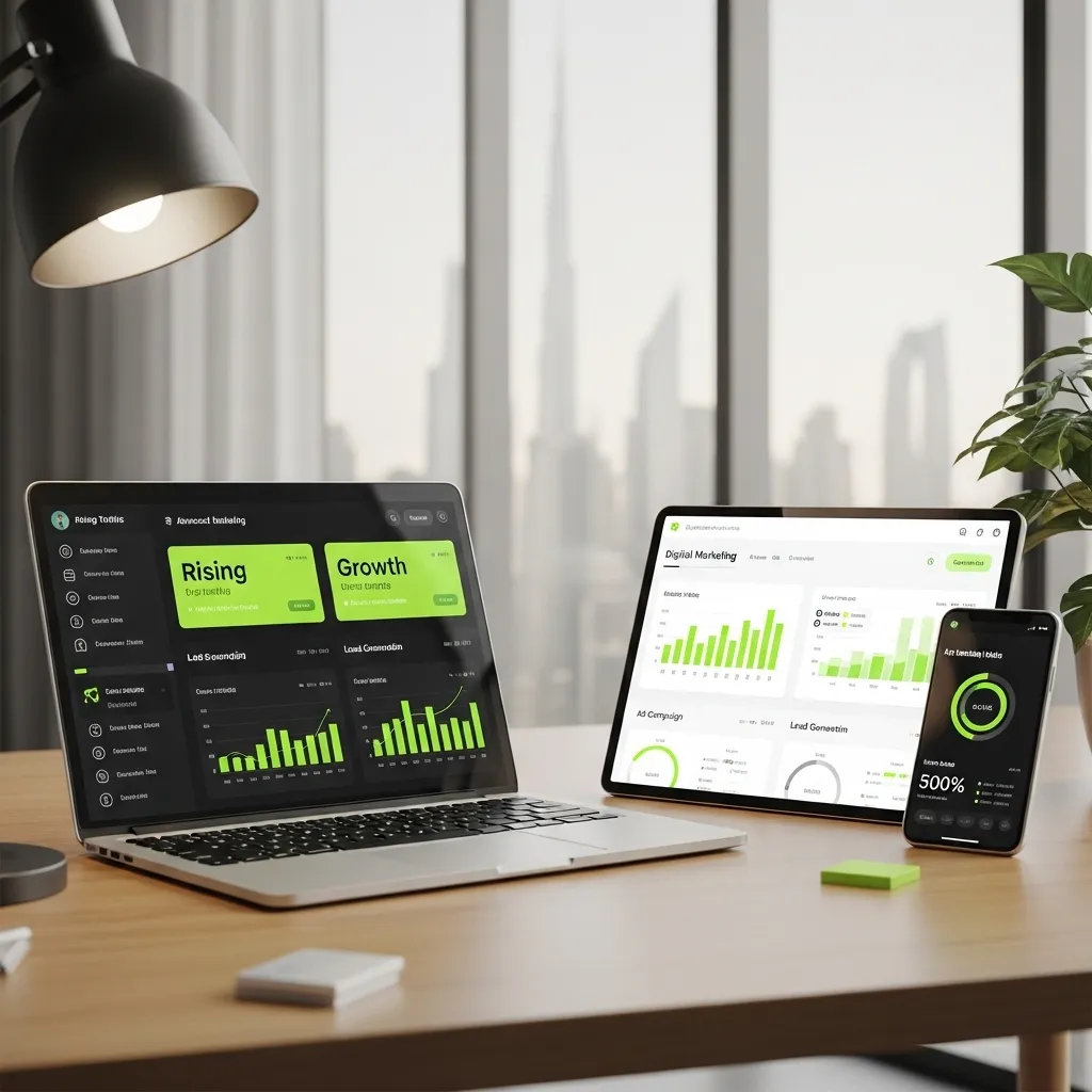 Digital marketing growth dashboard displayed on laptop, tablet, and smartphone showing rising analytics, campaign performance, and scaling strategies for UAE businesses.
