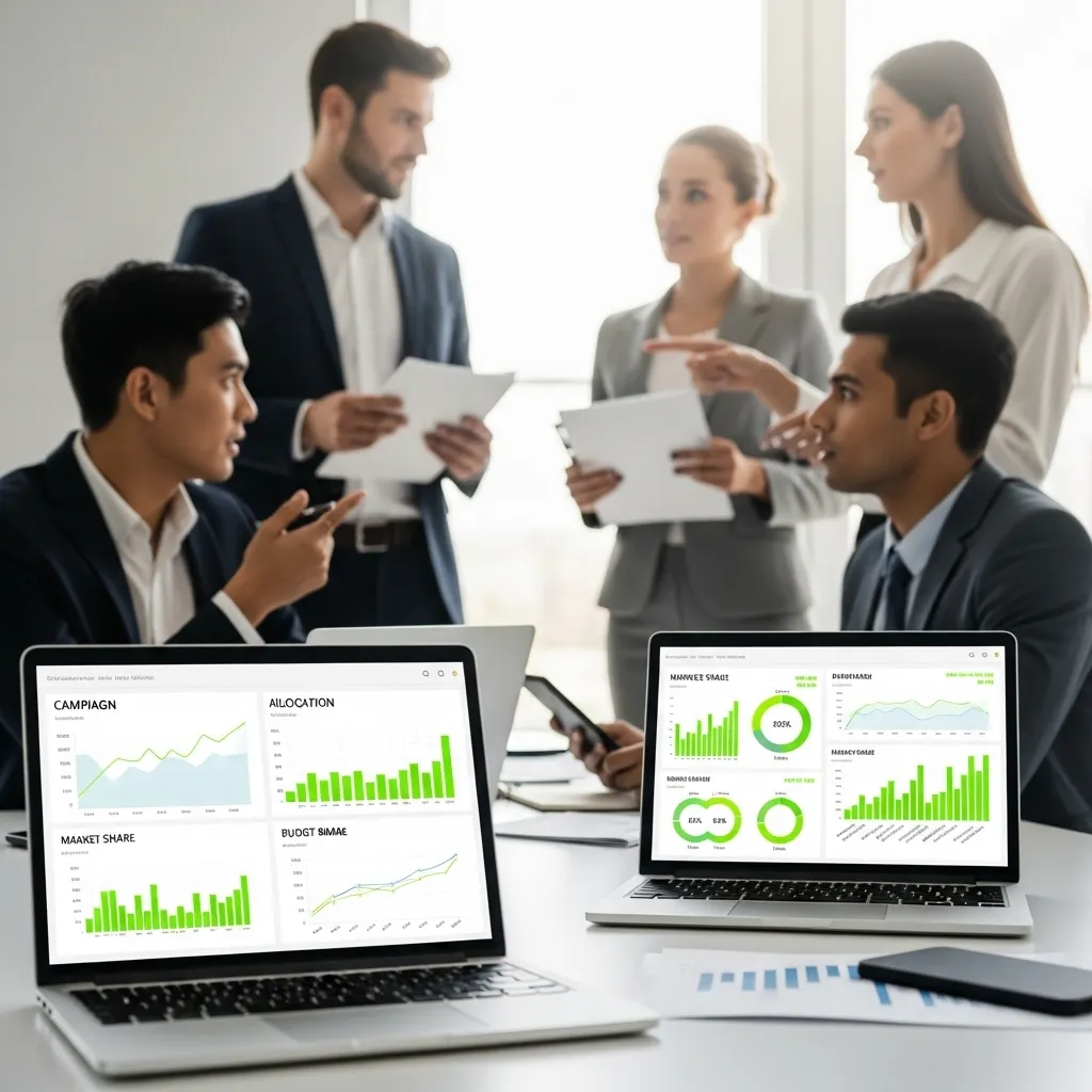 Business team analyzing digital marketing data on laptops showing campaign performance, SEO growth, and analytics dashboards for scaling digital marketing for UAE businesses