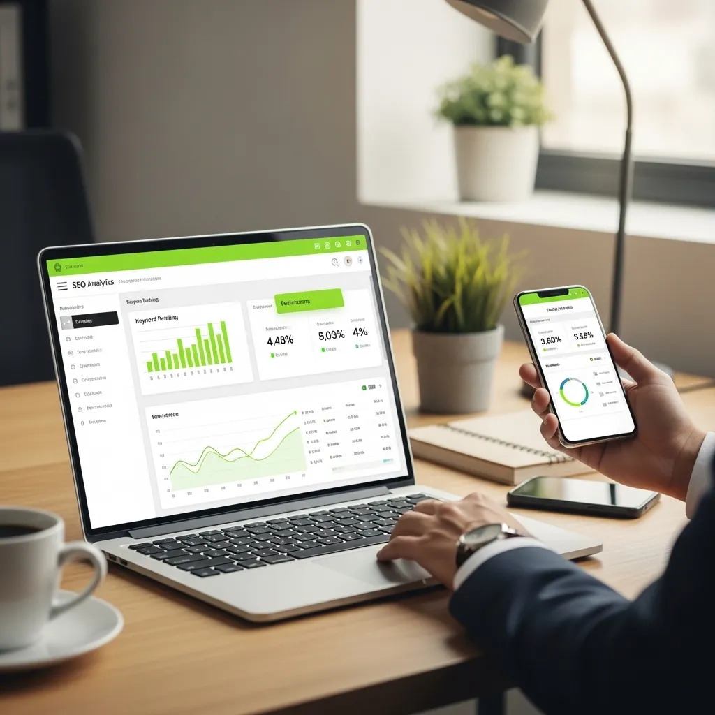 SEO analytics dashboard displayed on laptop and mobile showing traffic growth, keyword performance, and marketing insights for UAE startups