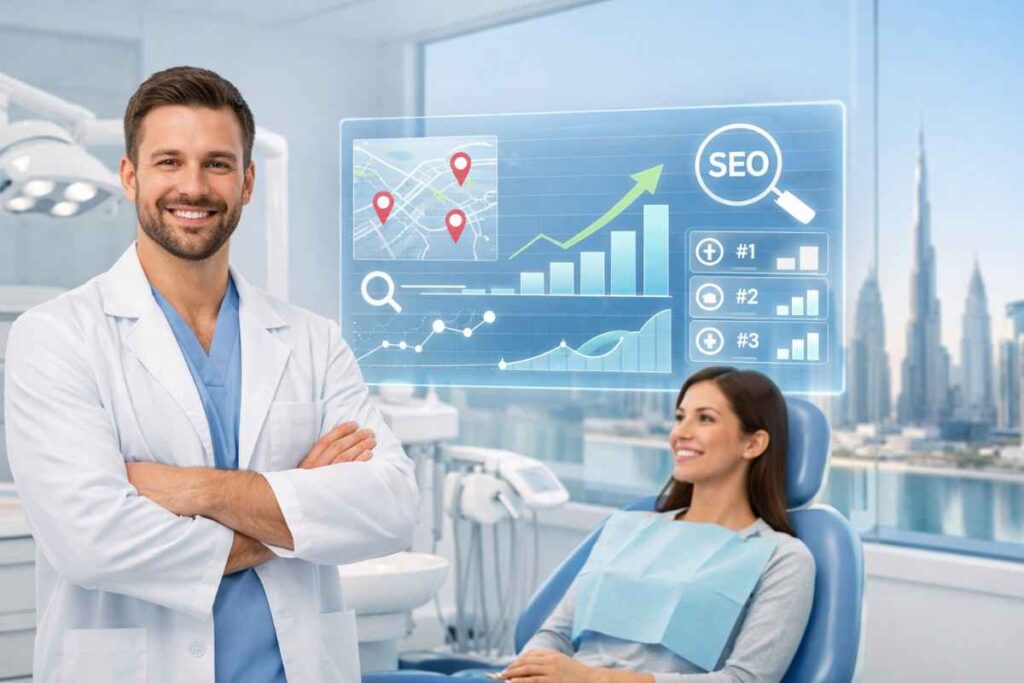 Modern dental clinic in UAE with dentist and patient and digital SEO dashboard showing local search rankings