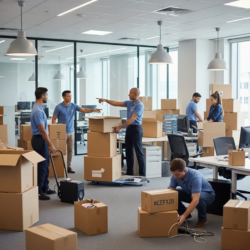 Professional movers packing and organizing office items for SEO for moving company in UAE during a business relocation.