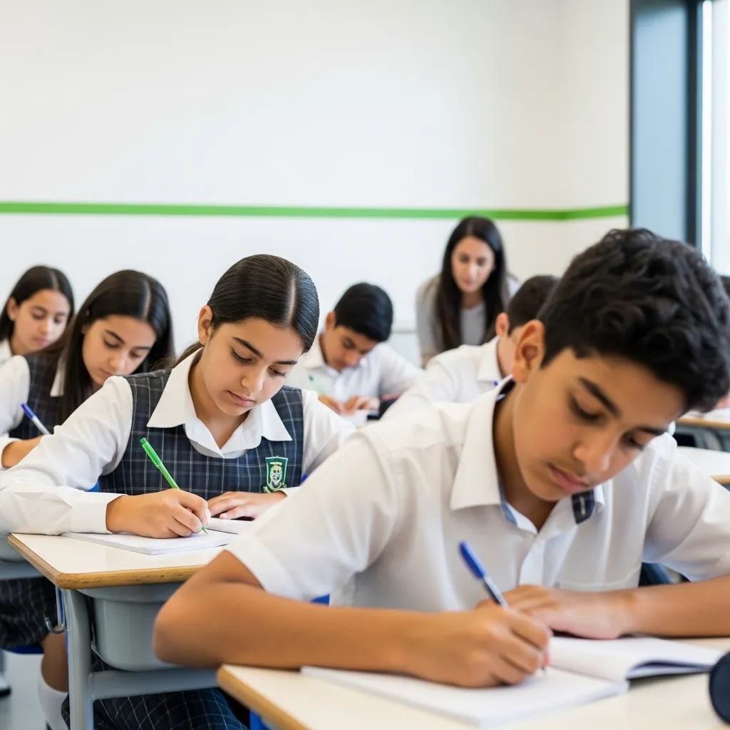 Students writing in notebooks during class in a modern private school classroom in UAE reflecting strong visibility driven by SEO for private schools in UAE