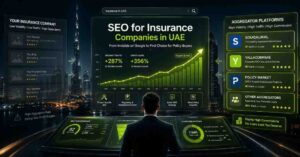SEO for insurance companies in UAE showing comparison between aggregator dominance and direct organic visibility growth in search results.