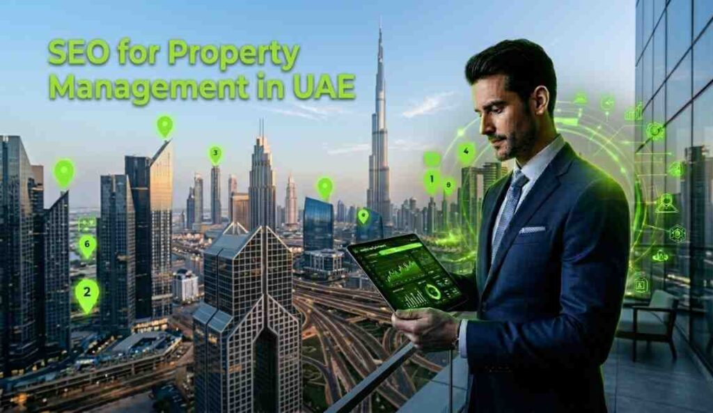 SEO for property management companies in UAE with Dubai skyline and digital marketing analytics