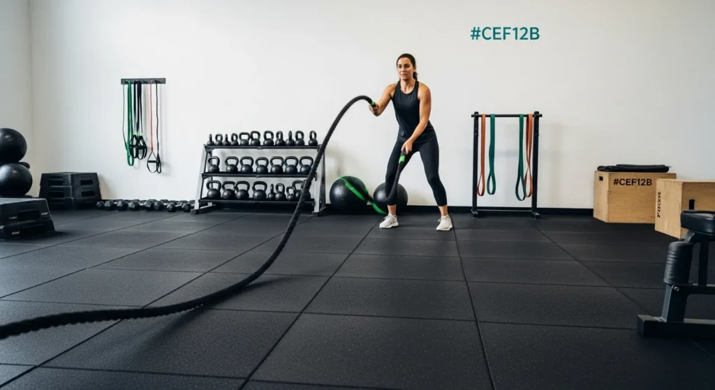 A woman performing a battle rope workout in a modern gym, highlighting functional training and fitness services in UAE gyms.
