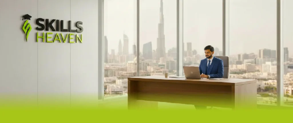 SkillsHeaven CEO working in Dubai office with Burj Khalifa skyline view