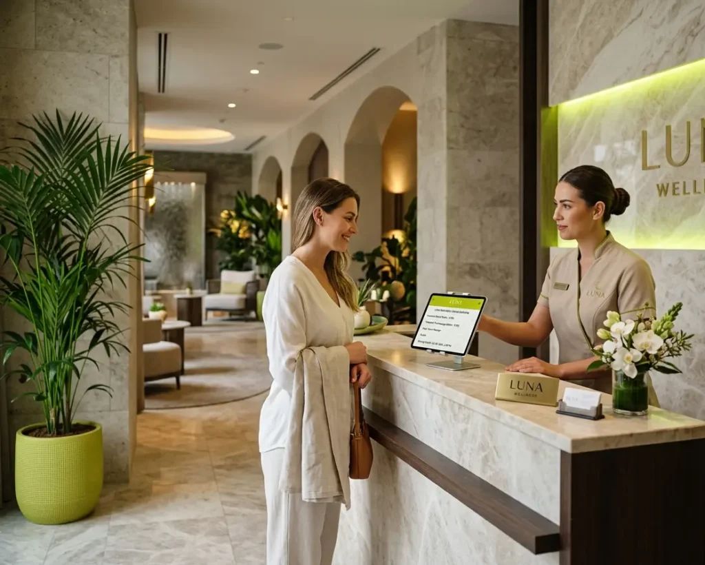 Online spa booking system displayed on tablet for Thai massage and hammam services in UAE
