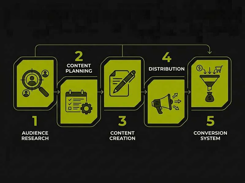 Infographic titled Content Marketing Dubai, showcasing key components of a successful digital strategy: identifying gaps, storytelling techniques, and professional copywriting.