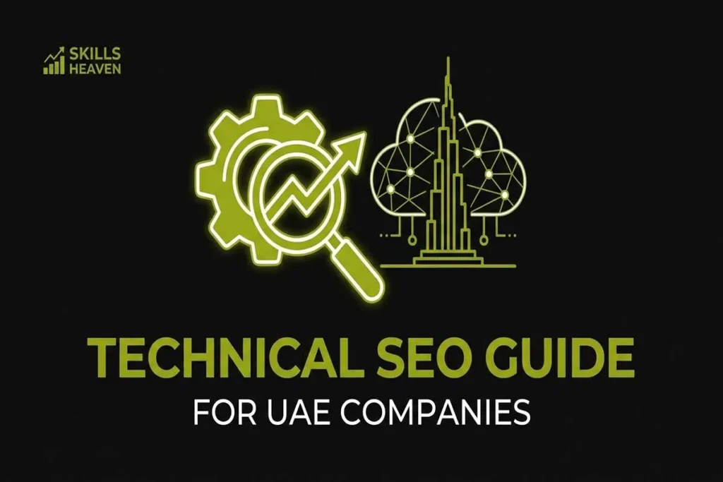 Infographic titled Technical SEO Guide for UAE Businesses, featuring a glowing gear icon, a server rack, and a magnifying glass over a website