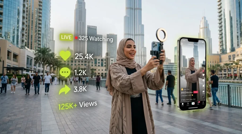 TikTok ads in UAE showing content creator filming viral short video in Dubai with social media engagement growth
