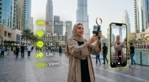 TikTok ads in UAE showing content creator filming viral short video in Dubai with social media engagement growth