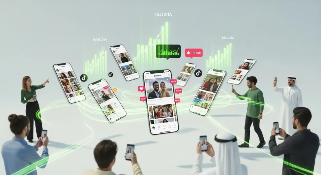 TikTok ads UAE viral growth showing trending videos engagement icons and audience interaction across devices