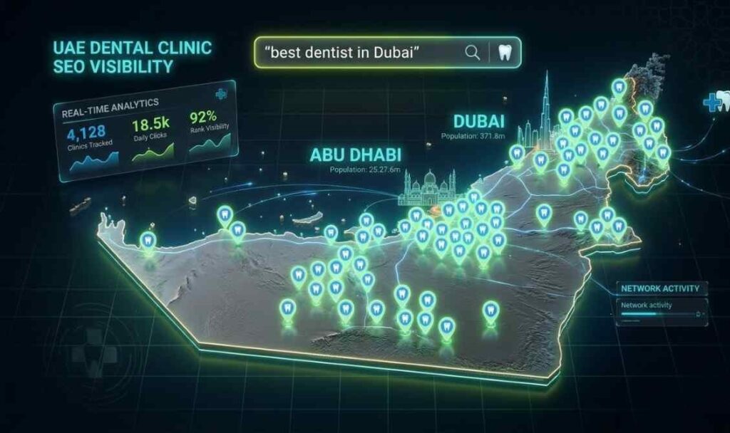 SEO for dental clinics in UAE showing Dubai and Abu Dhabi map with dental clinic locations and AI dashboard analytics