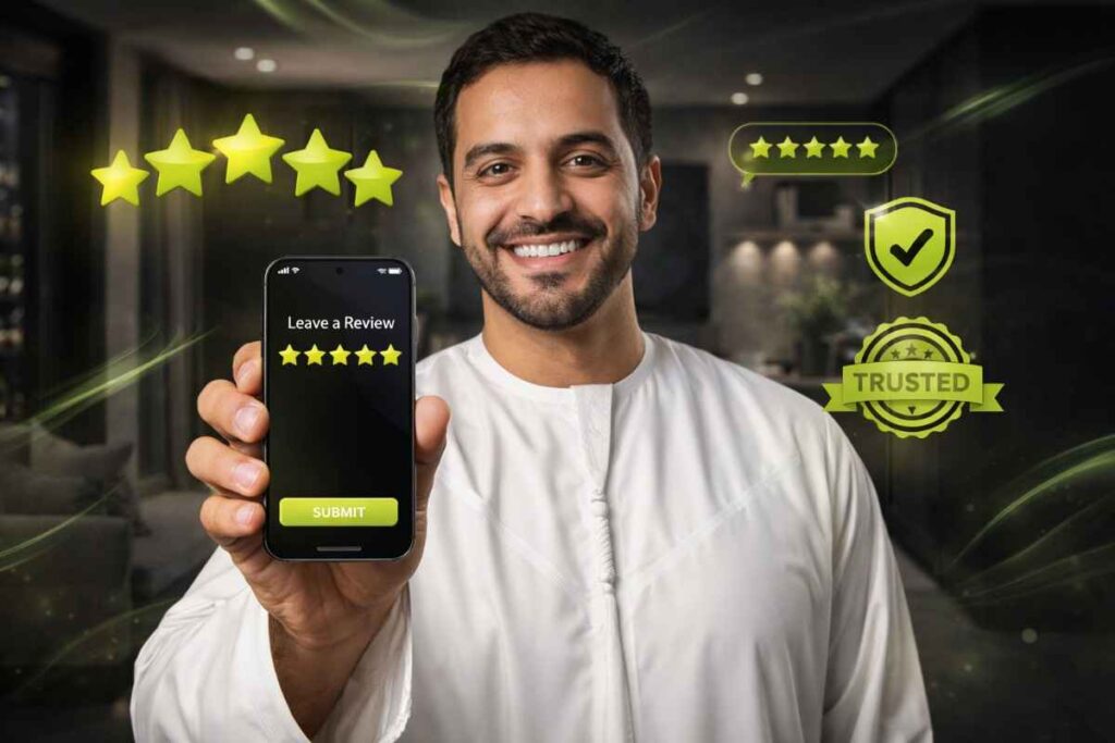 Happy UAE customer giving 5-star rating on mobile phone with glowing review stars and home service background