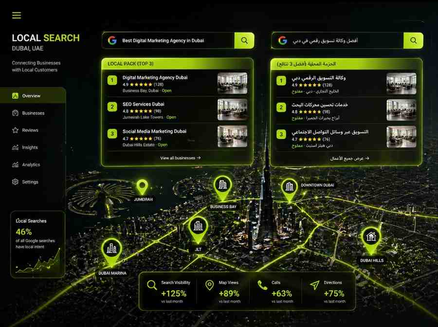 Dubai local SEO map showing business pins, map pack listings, and bilingual Arabic-English search results in modern UI for how Search Engines Work in UAE