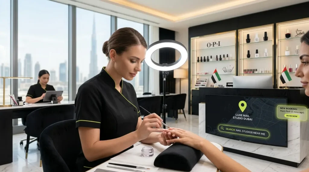 seo for nail studio in uae strategy showing nail technician service with online booking and local search optimization
