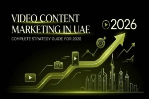 Infographic titled Why Video Content Marketing is Essential in UAE, featuring icons for high engagement, brand recall, and viral potential.
