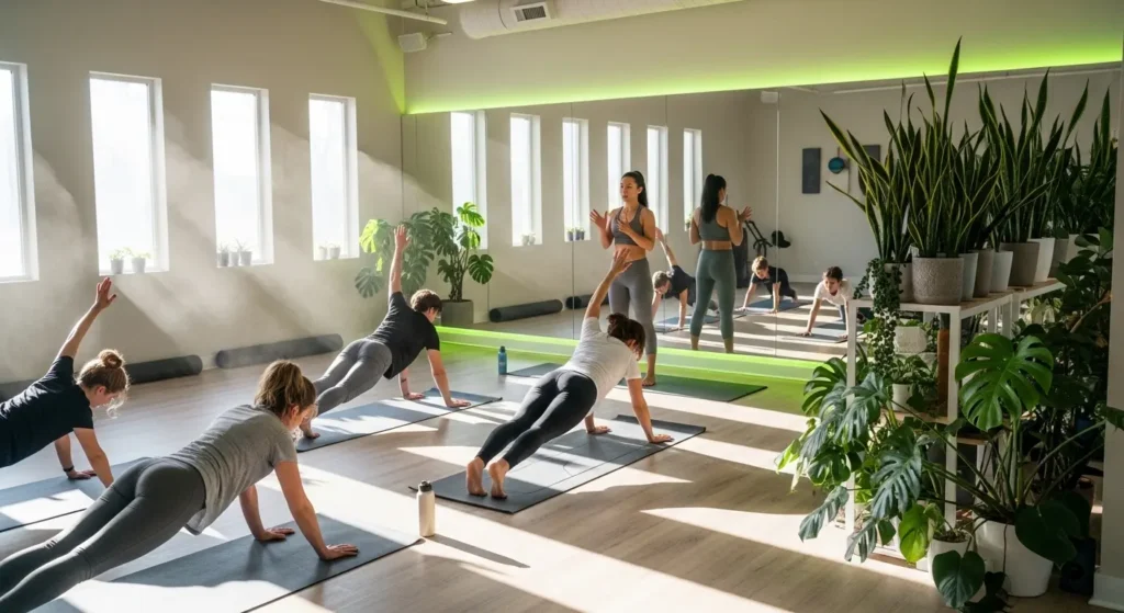 Group of students practicing vinyasa yoga in a modern yoga studio in UAE