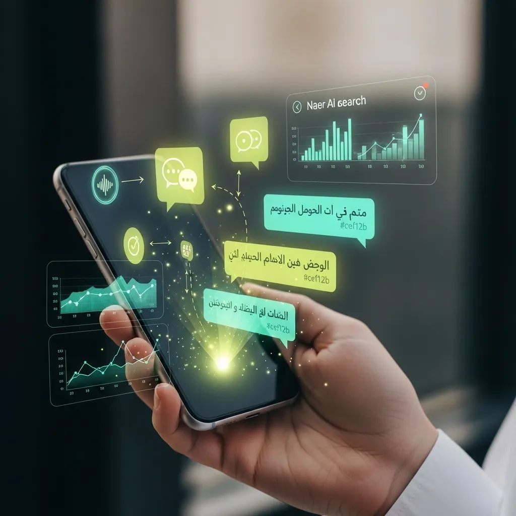 Voice Search Optimisation concept with AI smartphone voice assistant, chat bubbles, and analytics dashboard improving search visibility