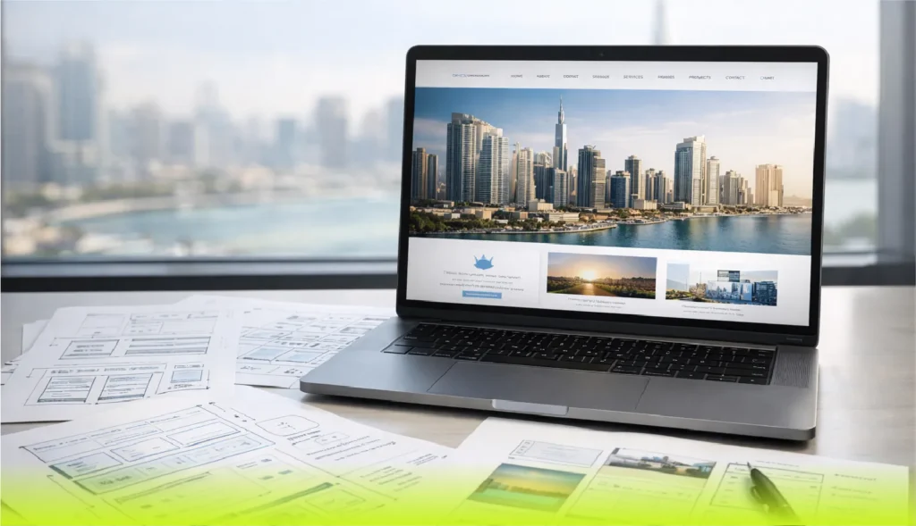 Web designer planning and building a Dubai business website with wireframes and live design on laptop — SkillsHeaven web development process