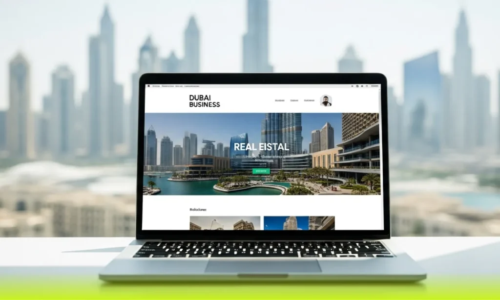 Professional Dubai real estate business website displayed on laptop with Burj Khalifa skyline — custom web development services by SkillsHeaven