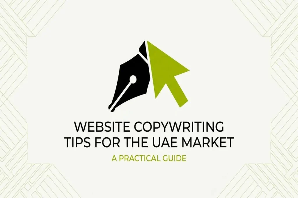 Infographic titled website copywriting tips for UAE market, showing a pen nib and cursor icon for a practical guide.