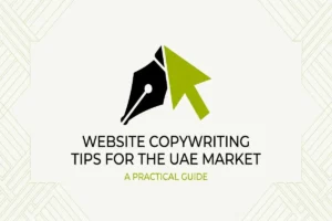 Infographic titled website copywriting tips for UAE market, showing a pen nib and cursor icon for a practical guide.
