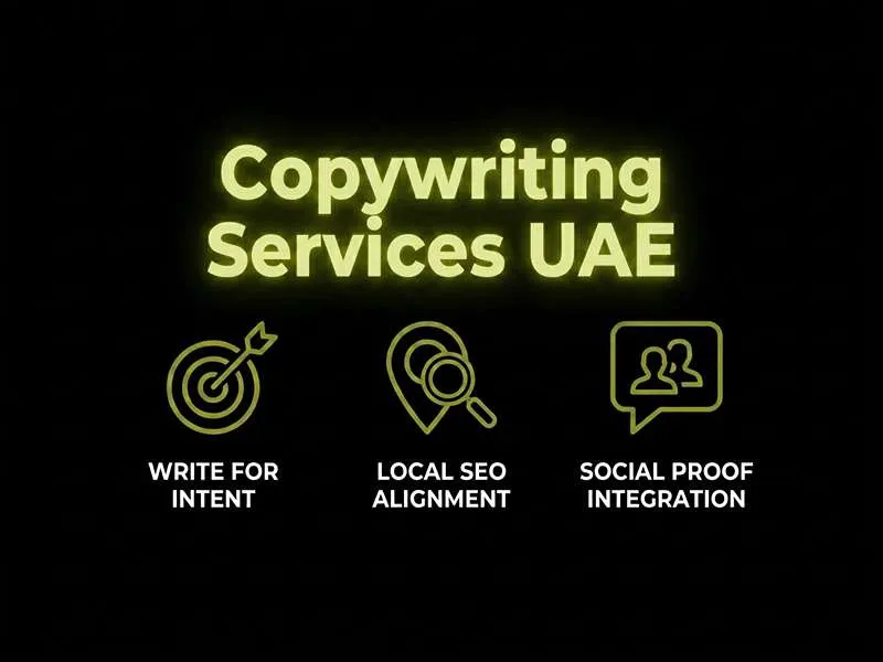 Infographic for website copywriting tips for UAE market, emphasizing user intent, local SEO alignment, and social proof integration.