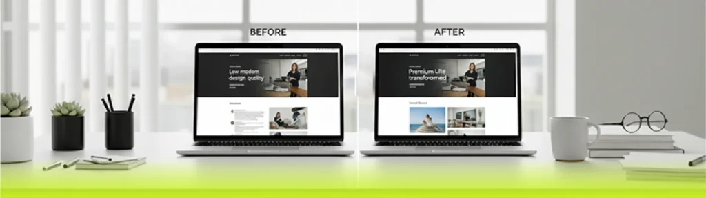 Before and after website redesign comparison — old low-quality design upgraded to premium modern layout by SkillsHeaven Dubai web development