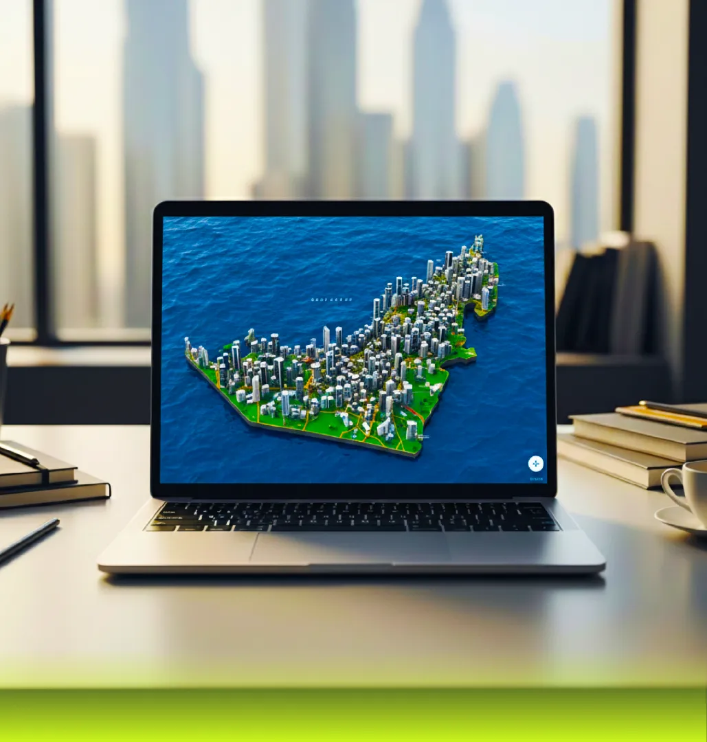 Image shows digital city map and business growth concept on laptop screen