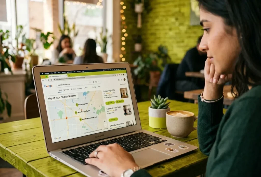 User searching for yoga studio near me on Google, showing map results and studio listings for SEO for Yoga Fitness Centers in UAE