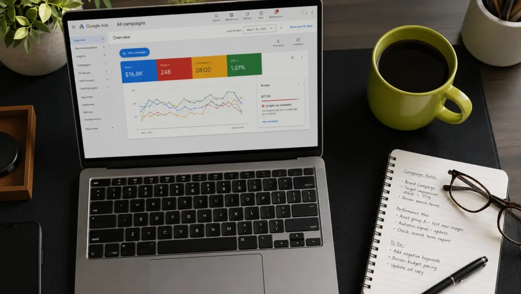 Photorealistic overhead flat lay of a cozy office desk featuring a laptop displaying a Google Ads performance dashboard with a spend tracking graph and budget cap alert, alongside a notebook with handwritten campaign notes, eyeglasses, and a lime green mug on a dark charcoal desk mat.