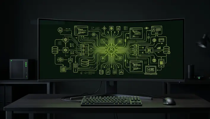 A single curved monitor showing a complex web development and database architecture diagram.